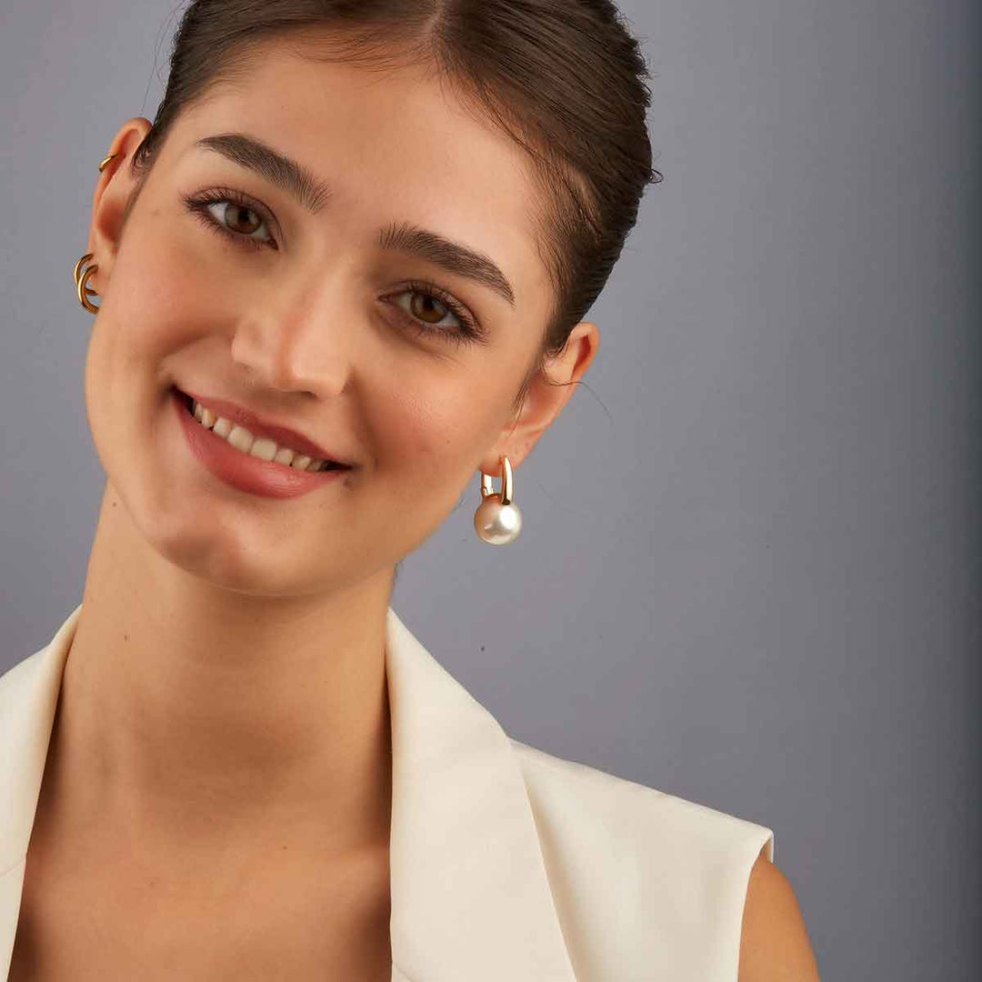 Barbara_Krem Top İnci Halka Küpe