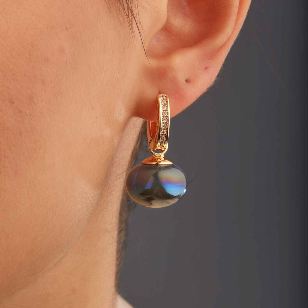 Linda Navy Pearl Drop Pave Huggie Earrings