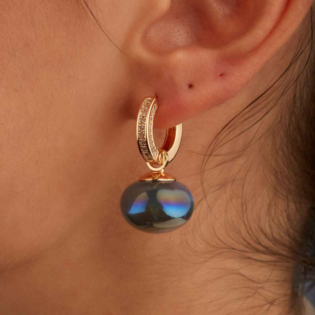 Linda Navy Pearl Drop Pave Huggie Earrings