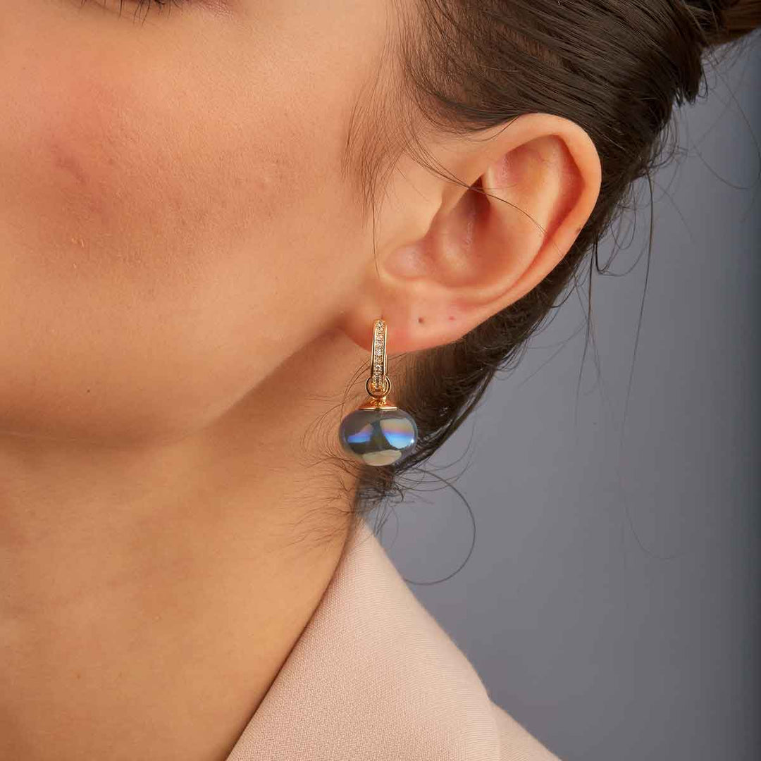 Linda Navy Pearl Drop Pave Huggie Earrings