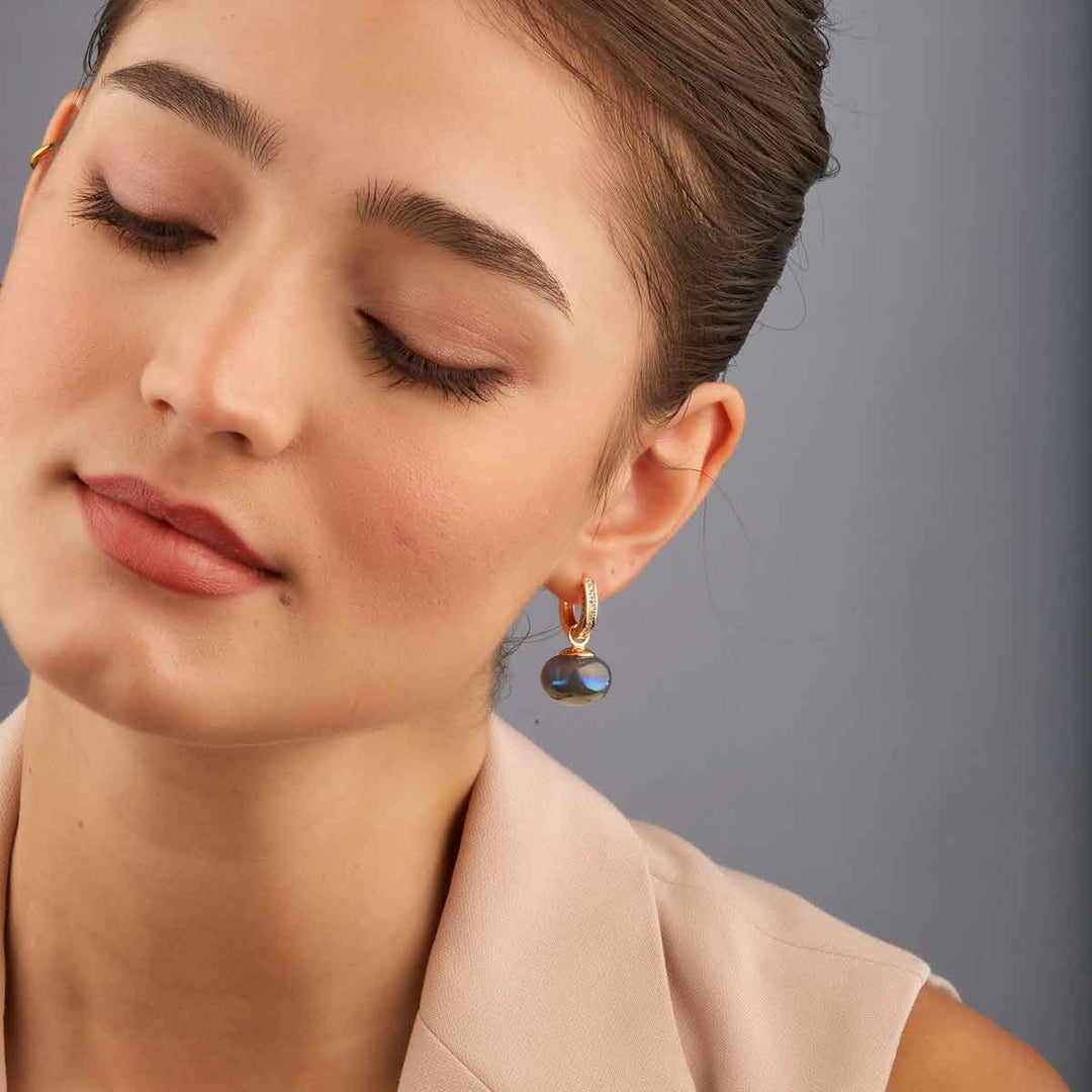 Linda Navy Pearl Drop Pave Huggie Earrings