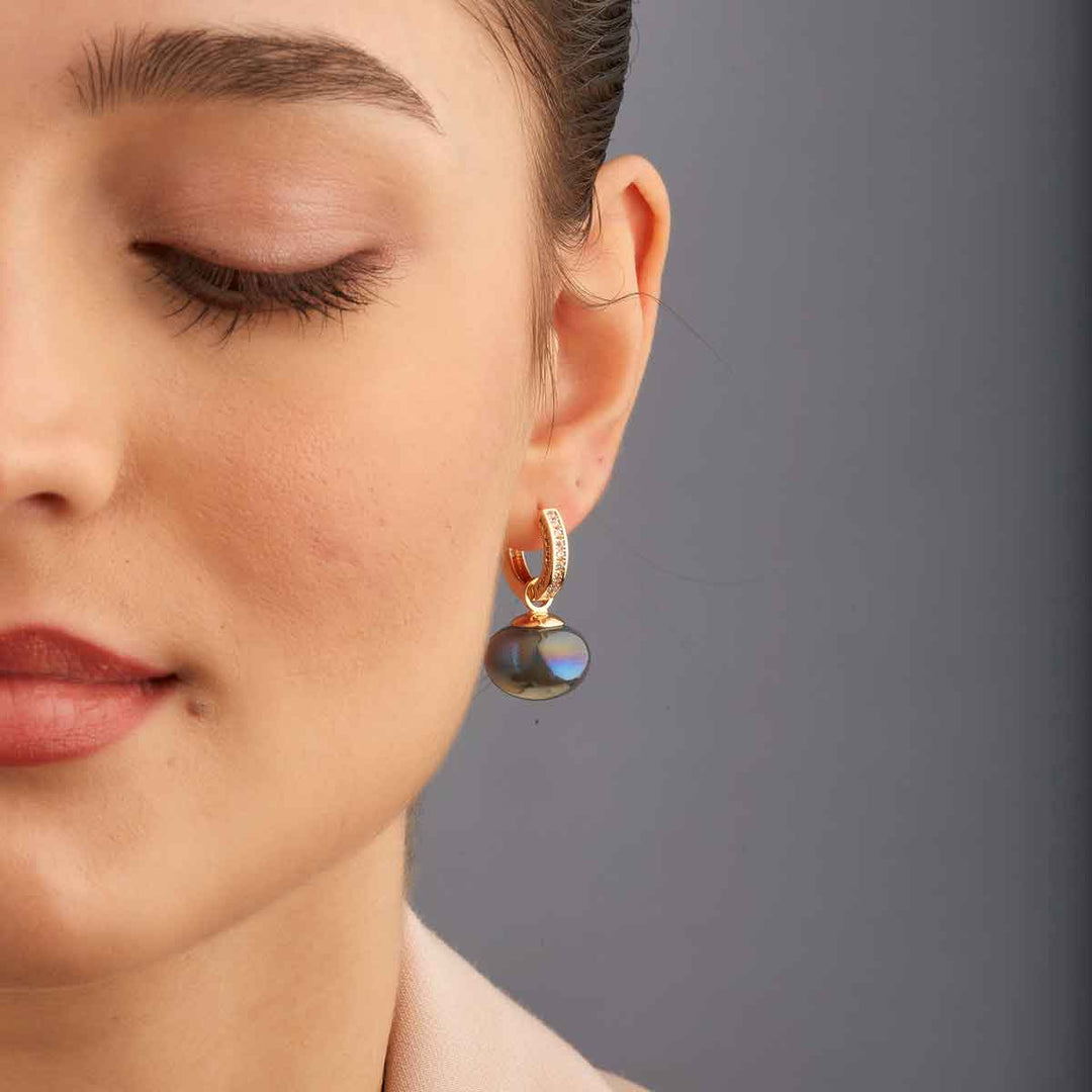 Linda Navy Pearl Drop Pave Huggie Earrings