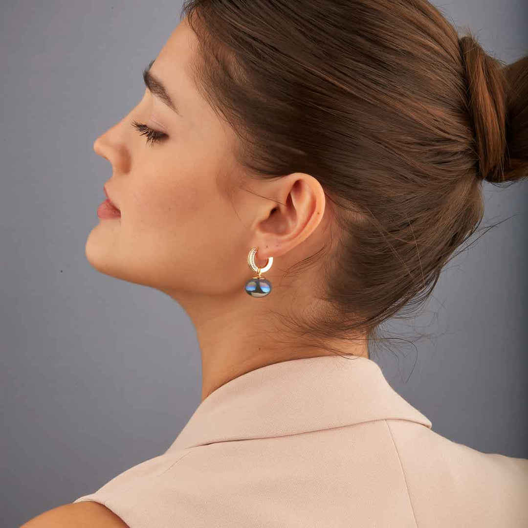 Linda Navy Pearl Drop Pave Huggie Earrings