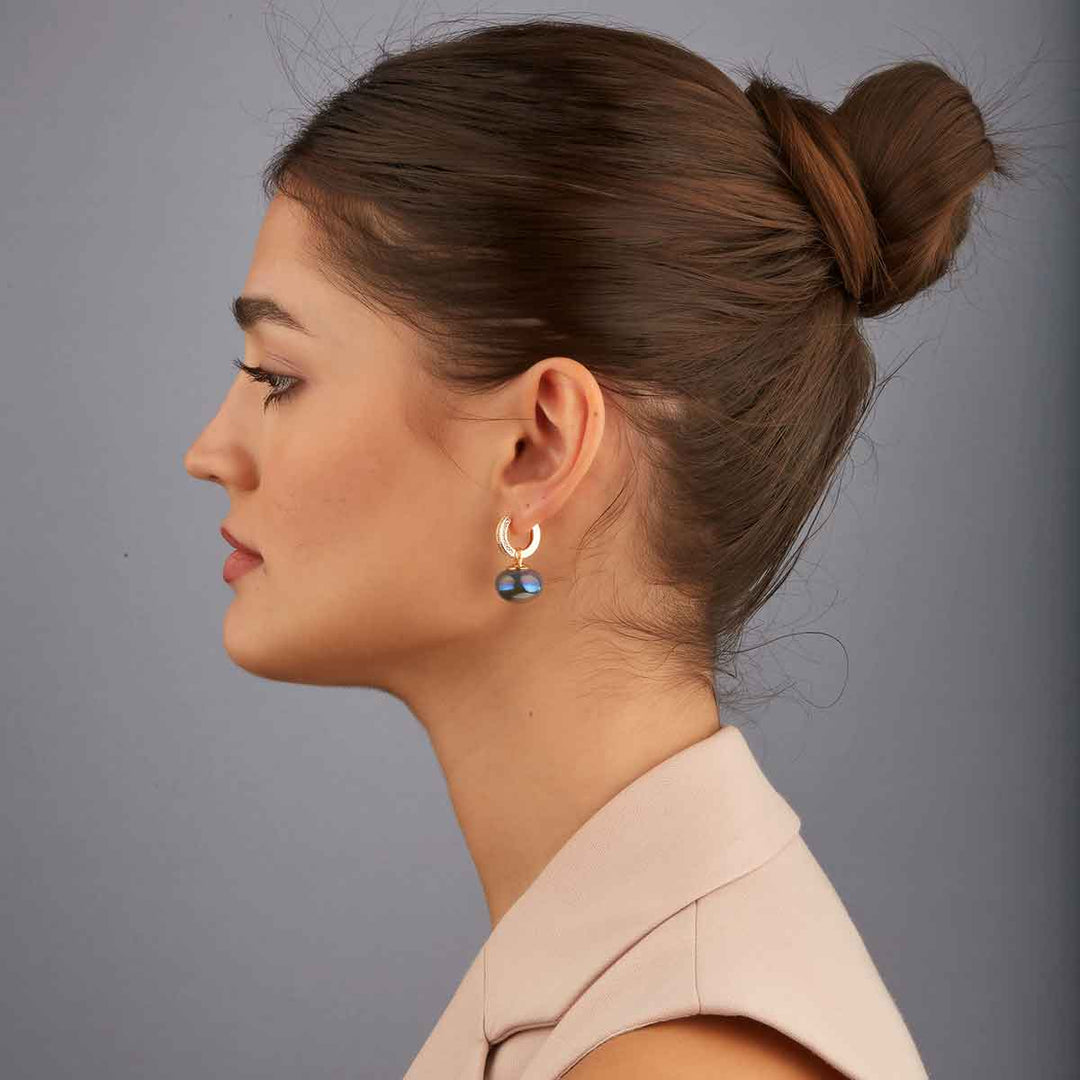 Linda Navy Pearl Drop Pave Huggie Earrings