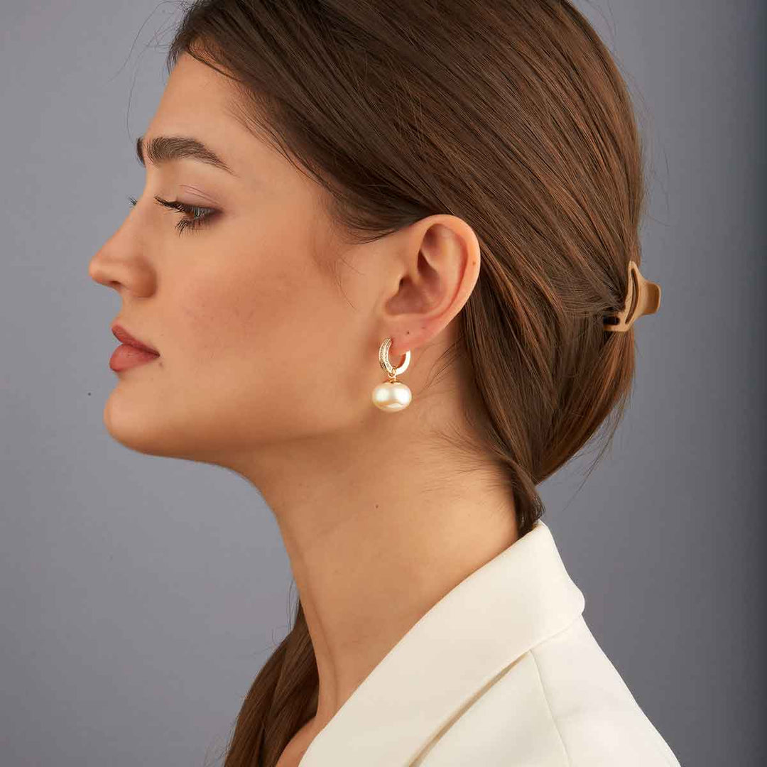 Linda Pearl Drop Pave Huggie Earrings
