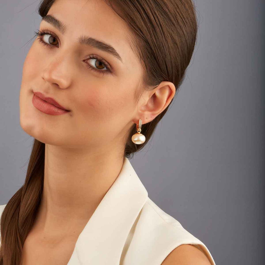 Linda Pearl Drop Pave Huggie Earrings