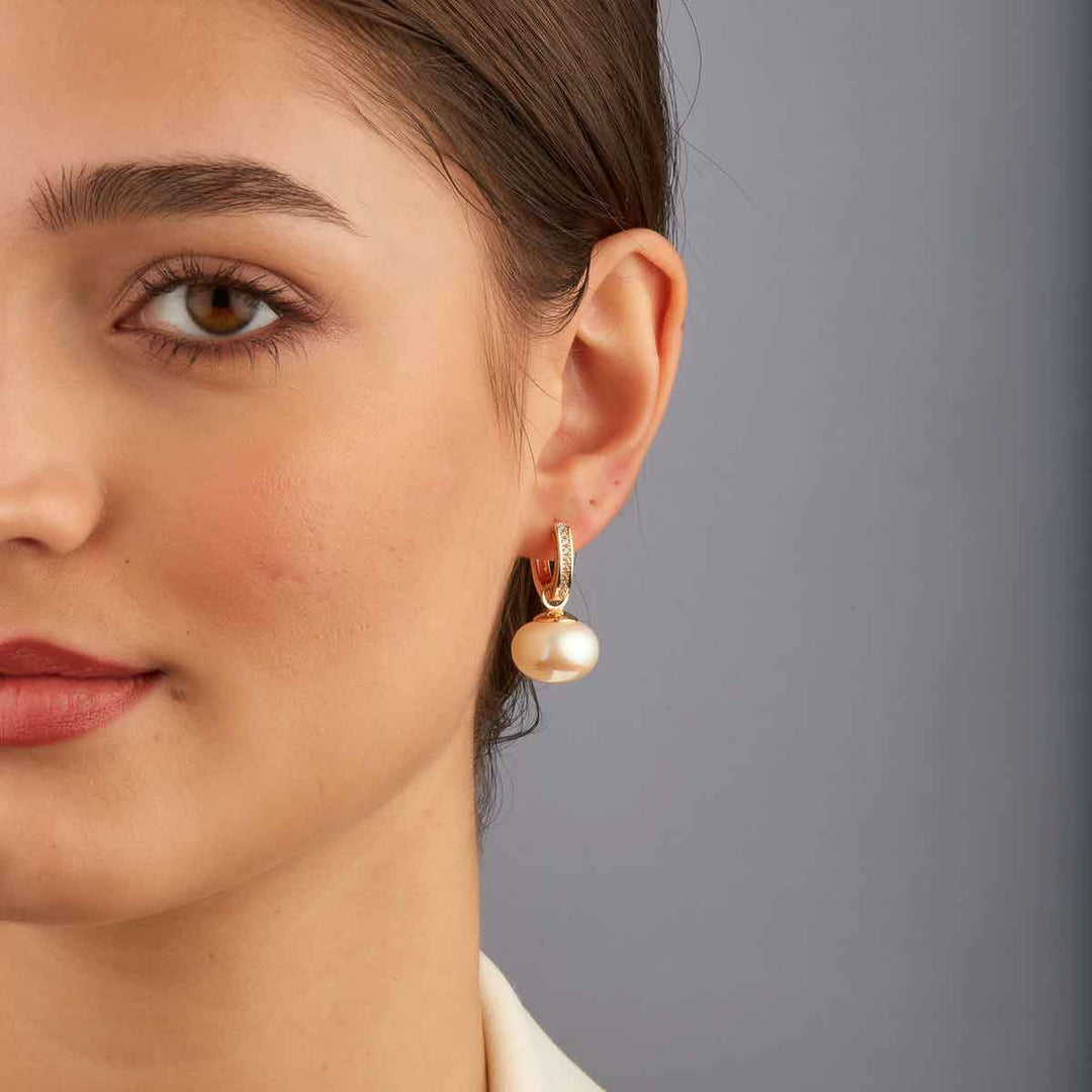 Linda Pearl Drop Pave Huggie Earrings
