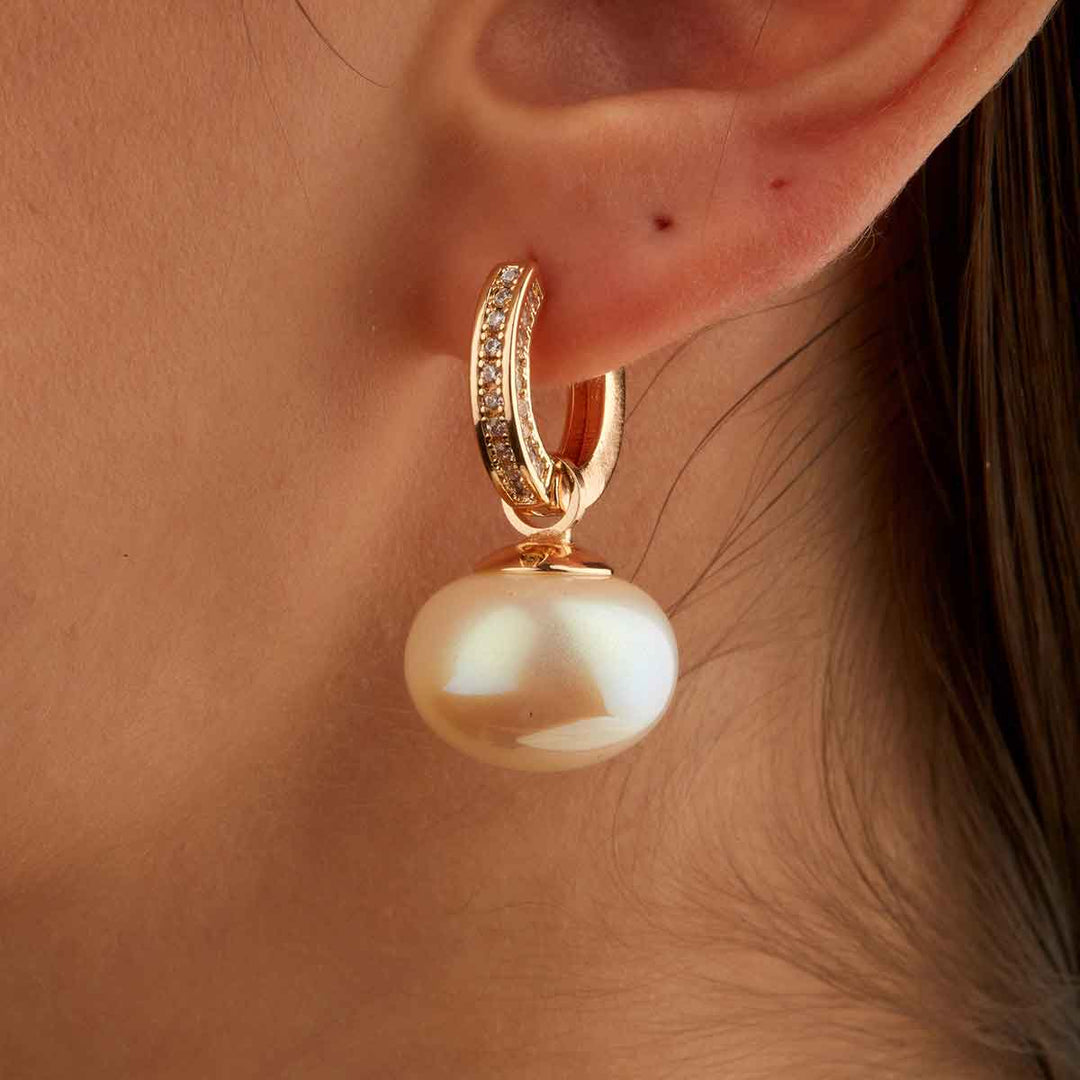 Linda Pearl Drop Pave Huggie Earrings