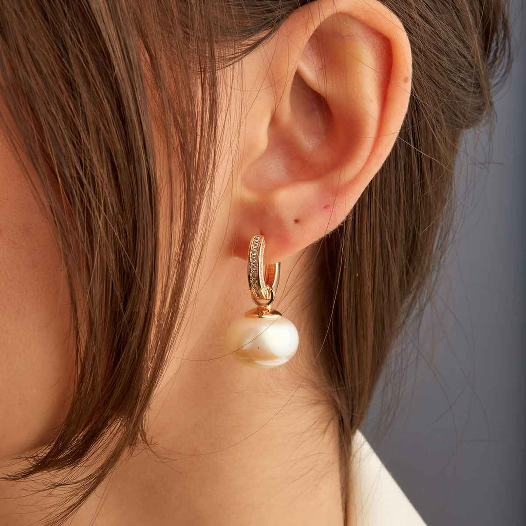 Linda Pearl Drop Pave Huggie Earrings