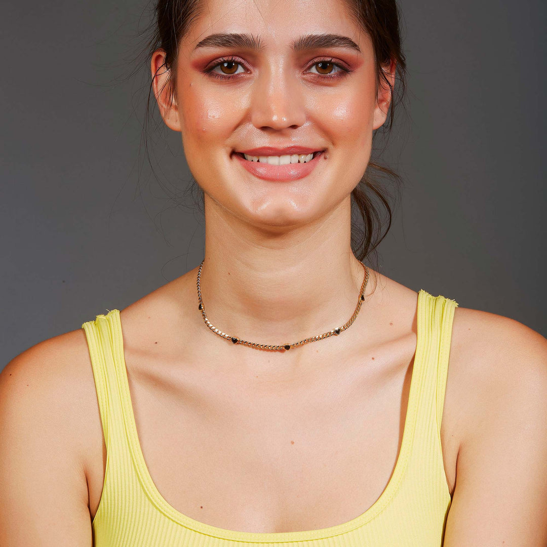 Filiz Kalp Taşlı Kalın Zincir Kolye - Siyah
