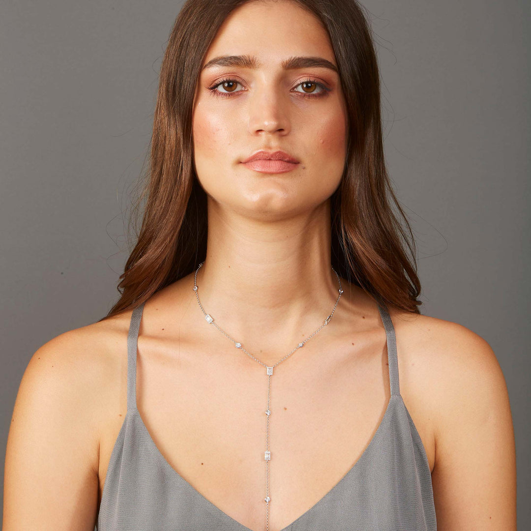 Leyla CZ Bezel Baguette Station Lariat Necklace