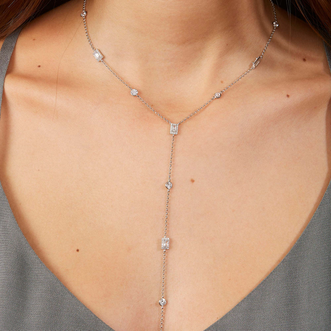 Leyla CZ Bezel Baguette Station Lariat Necklace