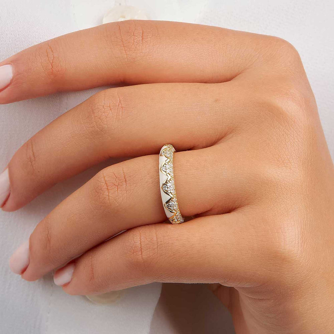 Nadia Zig-Zag Pave Enamel Ring - Pearl