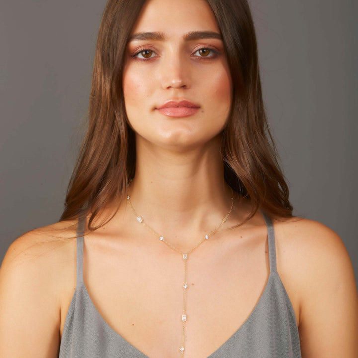Leyla CZ Bezel Baguette Station Lariat Necklace
