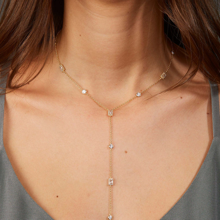 Leyla CZ Bezel Baguette Station Lariat Necklace