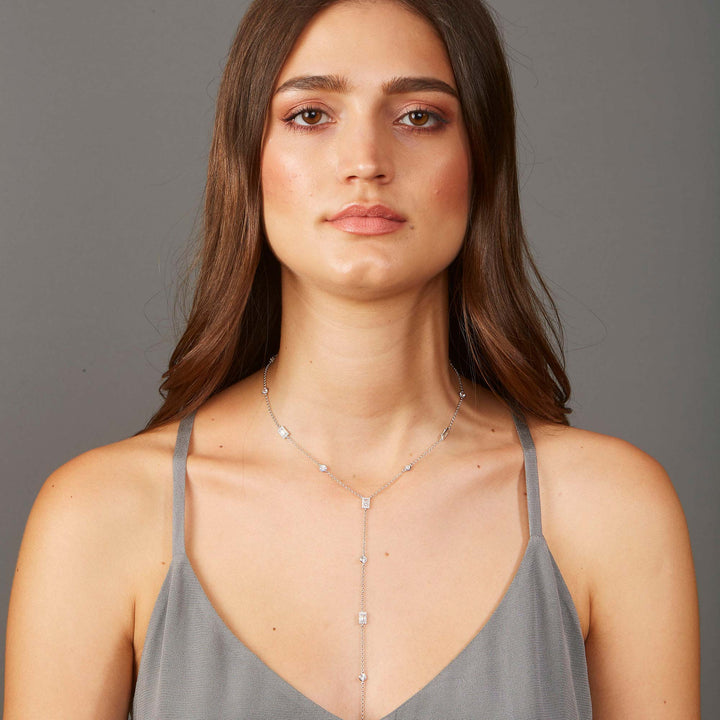 Leyla CZ Bezel Baguette Station Lariat Necklace